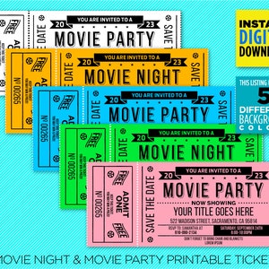 Filmabend & Film Party Ticket Einladung - Vintage Stil in 5 Verschiedenen Hintergrundfarben - Sofort Download - EDIT YOURSELF At Home