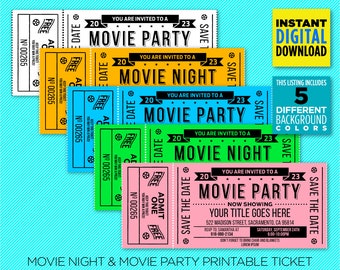 Movie Night & Movie Party Ticket Invitation - Vintage Style in 5 Different Background Colors - Instant Download - EDIT YOURSELF At Home