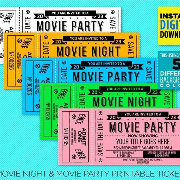 Movie Night & Movie Party Ticket Invitation - Vintage Style in 5 Different Background Colors - Instant Download - EDIT YOURSELF At Home