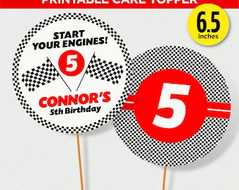 May include: Printable cake topper featuring a black and white checkered circle with a red circle in the center with the number 5 in white. The text "Start Your Engines!" is on a white circle with black checkered border. The text "Connor's 5th Birthday" is on the white circle. The cake topper is 6.5 inches in diameter.