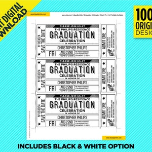Op de afbeelding: Drie zwart-witte afdrukbare uitnodigingen voor een afstudeerfeest met de tekst "Save the Date" en "RSVP Admit One" op elk kaartje. De tekst op de kaartjes luidt "Please join us at The Philips Residence Graduation Celebration ter ere van Christopher Philips" met de datum en tijd van het evenement.