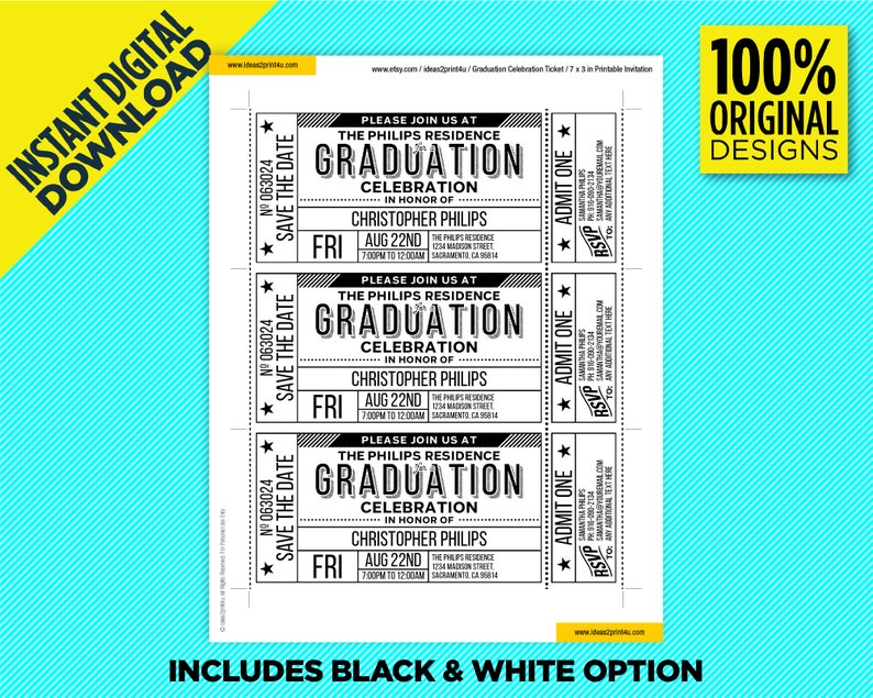 Op de afbeelding: Drie zwart-witte afdrukbare uitnodigingen voor een afstudeerfeest met de tekst "Save the Date" en "RSVP Admit One" op elk kaartje. De tekst op de kaartjes luidt "Please join us at The Philips Residence Graduation Celebration ter ere van Christopher Philips" met de datum en tijd van het evenement.