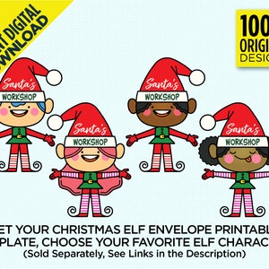 Puede incluir: Cuatro plantillas de sobres de elfos navide&ntilde;os imprimibles con diferentes personajes de elfos. Cada elfo lleva un gorro rojo con un pomp&oacute;n blanco y un atuendo a rayas verde y blanco. Los gorros tienen todos el texto "Santa's Workshop".