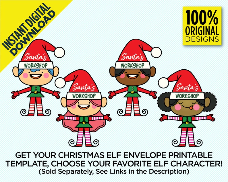 Puede incluir: Cuatro plantillas de sobres de elfos navide&ntilde;os imprimibles con diferentes personajes de elfos. Cada elfo lleva un gorro rojo con un pomp&oacute;n blanco y un atuendo a rayas verde y blanco. Los gorros tienen todos el texto "Santa's Workshop".