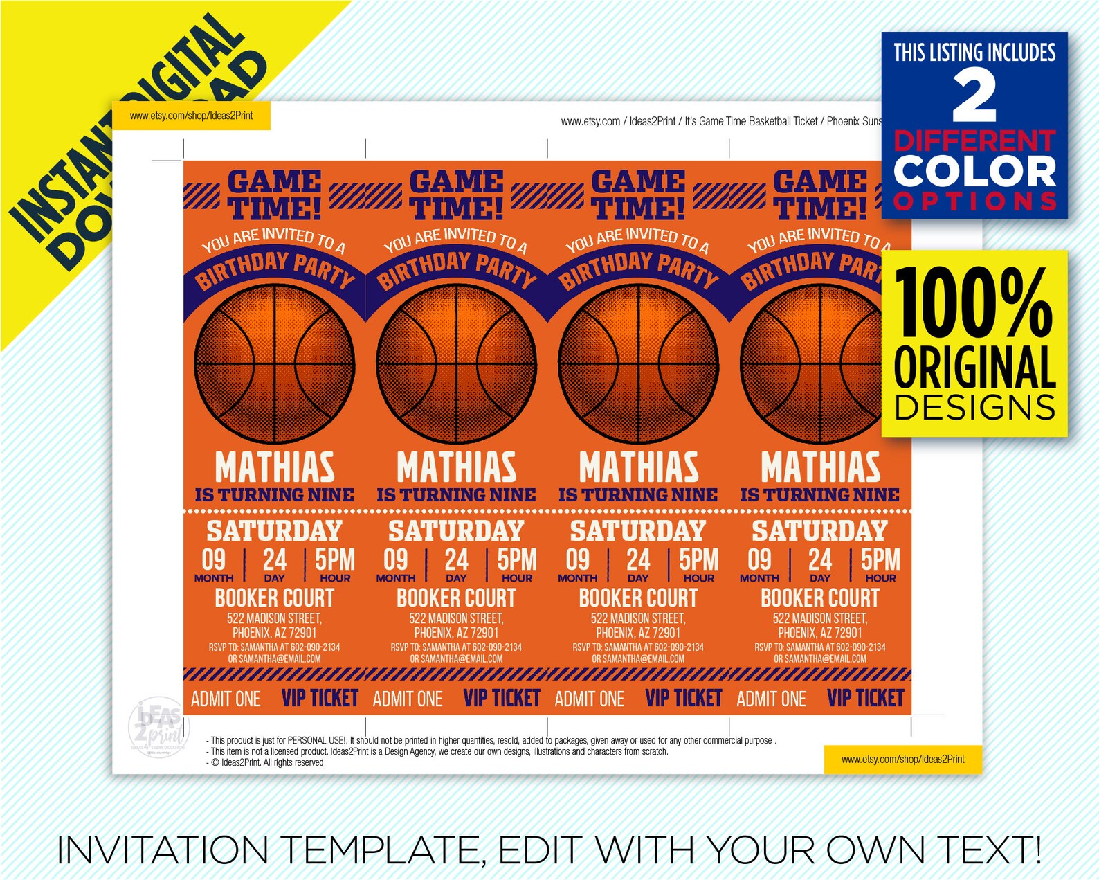 Phoenix Suns Ticket Printable Invitation, Purple & Orange Phoenix Suns