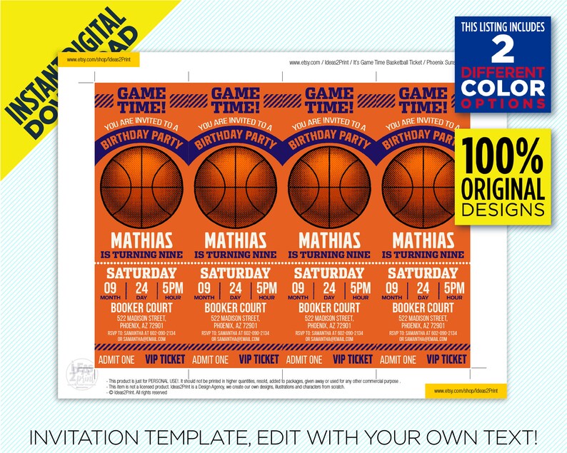 Phoenix Suns Ticket Printable Invitation, Purple & Orange Phoenix Suns