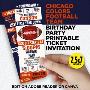 Invito stampabile per la squadra di football dei Chicago Colors - Invito per la festa del primo anno di down in blu navy e arancione - MODIFICA con Adobe Reader o Canva