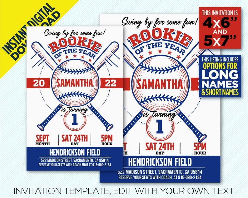 Rookie Of The Year 1st Baseball Birthday Baseball Party Invitation Baseball Party Decoration Digital Invitation Edit Yourself