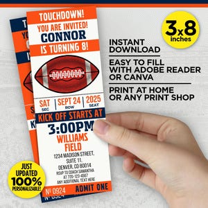 Denver Colors Football Team Geburtstagsparty druckbare Einladung | Orange & Marine | einladen Zuhause bearbeiten mit Adobe Reader oder Canva