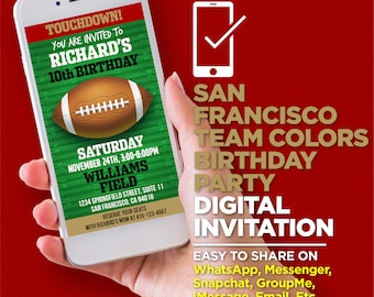 San Francisco Gold & Rot Football Team Geburtstagsfeier Einladung - SF Colors Digitale Einladung - BEARBEITEN mit Adobe Reader oder Canva, Teilen auf Instagram