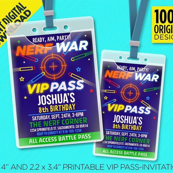 Nerf Party Printable VIP Pass And Invitation, Printable Nerf War VIP Pass, Dart Wars VIP Badge, Instant Download, Edit Yourself At Home