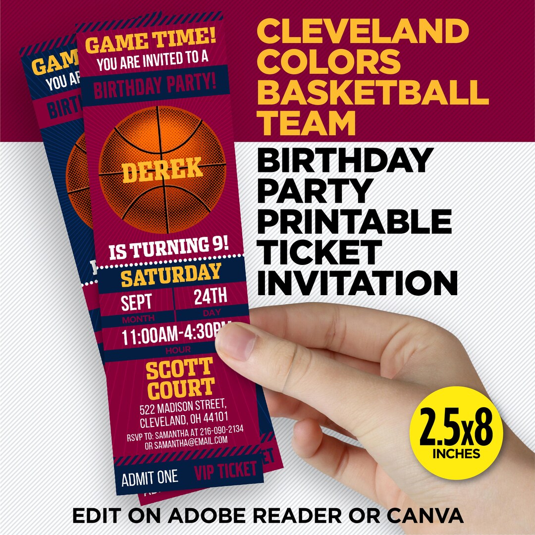 Cleveland Basketball Team Colors Birthday Party Printable Ticket ...