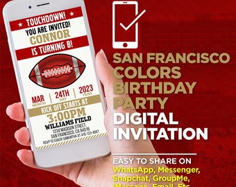 San Francisco Football Team Farben Geburtstagsparty Digitale Einladung - Gold & Rot Evite - BEARBEITEN mit Adobe Reader oder Canva, Teilen auf WhatsApp