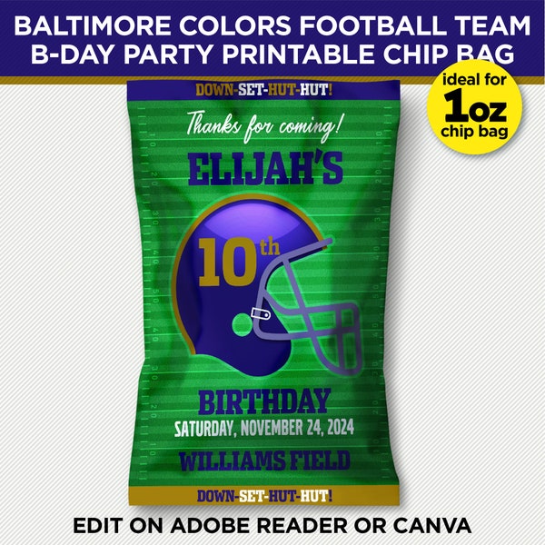 Baltimore Colors Football Team Printable Chip Bag - Ideal For 1oz Chip Bag Or Party Favor Bag - EDIT YOURSELF With Adobe Reader Or Canva