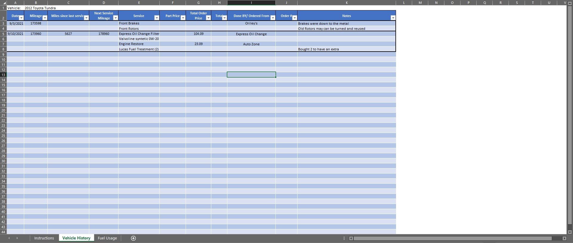 Vehicle Maintenance History and Fuel Mileage Tracking Spreadsheet Etsy