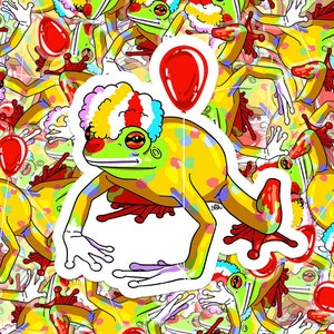 Clown kikker vinylstickers, schattige domme Goofy circusclown thema Froggie kunst, unieke beestje illustratie sticker artwork