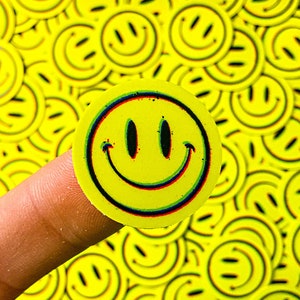 Be Happy 3 Inch and 1 Inch Round Smiley Face Stickers, Trippy Glitchy Offset Vinyl Stickers for Water Bottles and Laptops Happy Face Artwork
