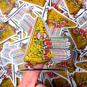 Pizzajongen doorzichtige vinylstickers, fastfood illustratie stickerkunst, pizzabezorger unieke verzamelkunst
