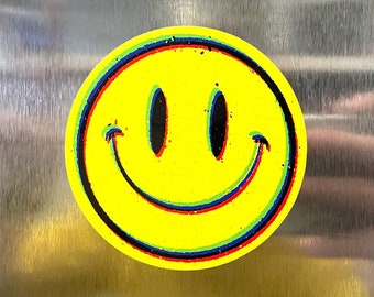 Be Happy 3 Inch Round Smiley Face Magnets, Trippy Glitchy Offset Happy Face Artwork