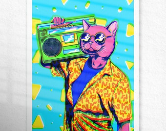 Funky Cool Cat Wall Print, Cartoon Pop Art 80s Style Illustration, Trendy Posters, Weird Unique Art Prints UNFRAMED