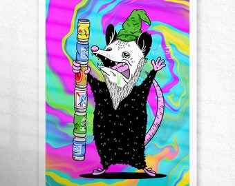 Drunken Wizard Opossum Wall Print, Colorful Pop Art Fantasy Style Animal Illustration, Trendy Posters, Weird Unique Art Prints UNFRAMED