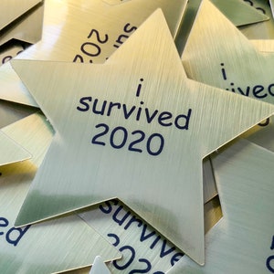 Ik heb gouden sterstickers van geborsteld aluminium 2020 overleefd, gefeliciteerd Gold Star-deelnameprijs, memesticker afvalcontainerbrand 2020