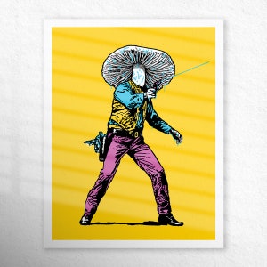May include: A cartoon illustration of a cowboy wearing a mushroom hat and holding a gun. The cowboy is wearing a yellow vest, a blue shirt, and purple pants. The background is yellow.