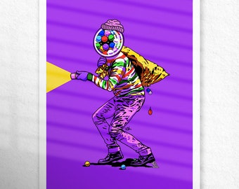 Gumball Burglar Wall Print, Colorful Pop Art Style Illustration, Trendy Posters, Weird Unique Art Prints UNFRAMED