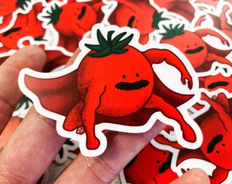 Super Tomato Man Vinyl Sticker, Mustachioed Food Fighter, Food Art, Tomatoes, Comic Book Superhero, Eat Your Vegetables