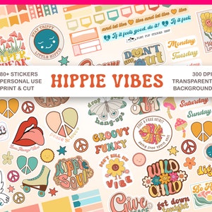 Pegatinas hippies para CRICUT / PNG más PDF incluido / Pegatinas de arte retro para agendas de papel, etc.