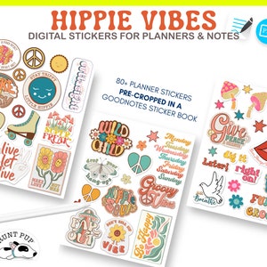 Hippie Aufkleber GOODNOTES plus PNG Grafiken in einem Stickeralbum, Retro Art Stickers