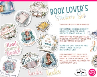 BOOK LOVER’S STICKERS to Print | Digital Stickers for Journals, Kindle, Scrapbooks and Paper Crafting | Clipart Stickers