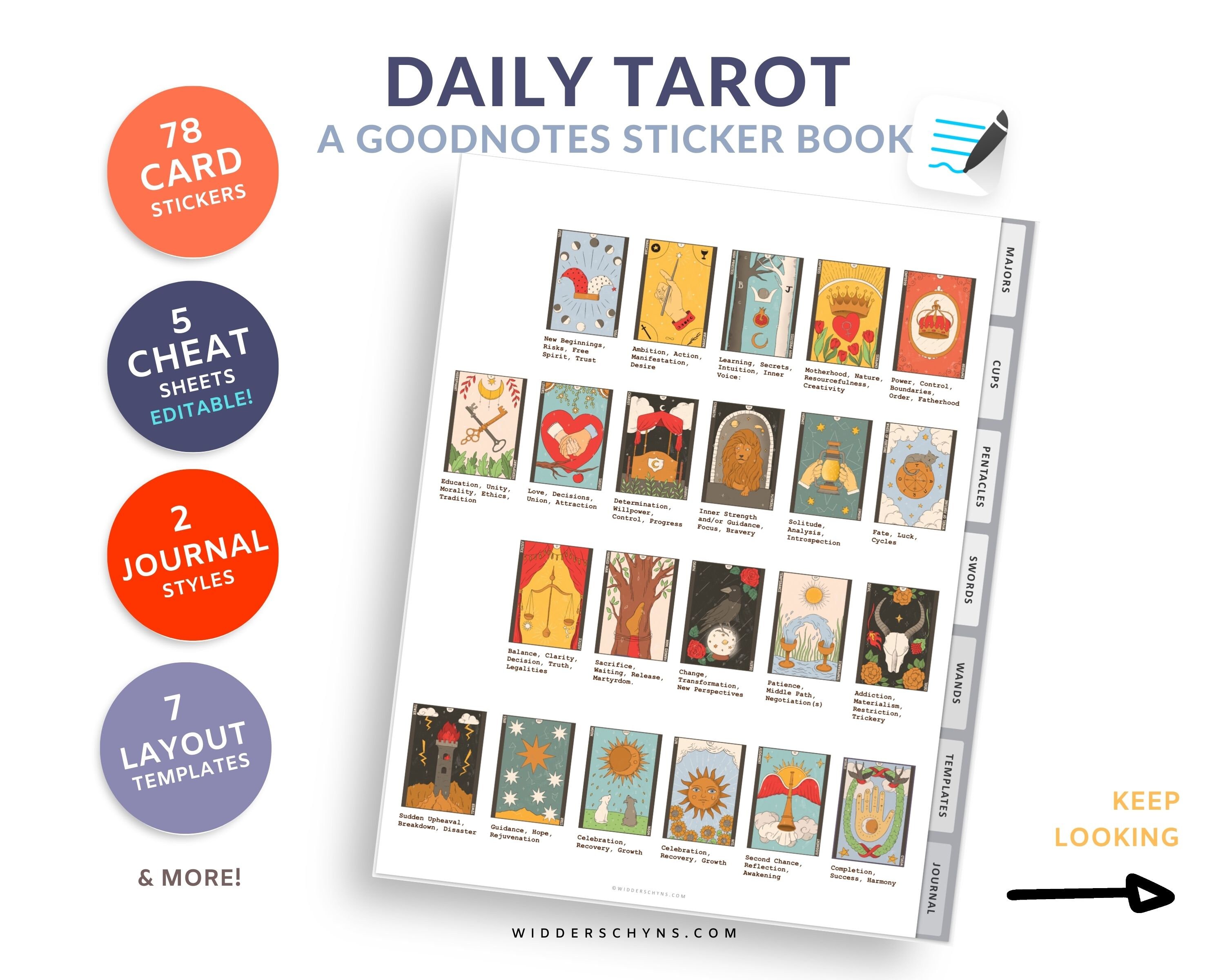 TAROT FOR BEGINNERS with Tarot Card Meanings and Tarot Layouts - A Goodnotes Sticker Book with Cheat Sheets and Simple Spreads