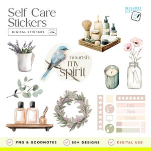 Autocollants numériques pour soins personnels, inspirés du spa, pour les soins personnels et la beauté — livre d'autocollants GoodNotes, PNG