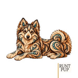 May include: A stylized illustration of a dog lying down, featuring intricate leaf-like patterns in shades of orange, brown, and teal. The dog has pointed ears and a curled tail. The text RUNT PUP is printed in the bottom right corner.