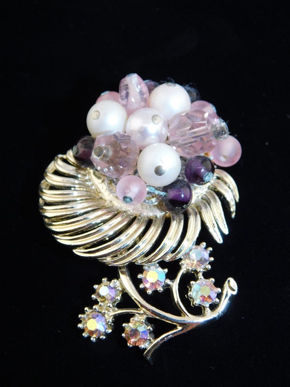 Late 60's Signed Coro Flower Beaded Brooch in Pin… - image 2