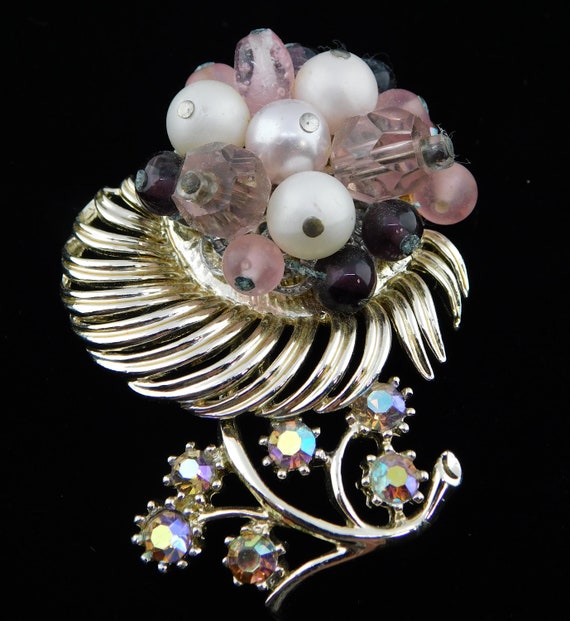 Late 60's Signed Coro Flower Beaded Brooch in Pin… - image 3