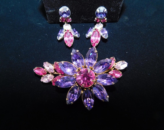 1950's-60's Hot Pink and Purple Floral Brooch and Earrings Demi-Parure!