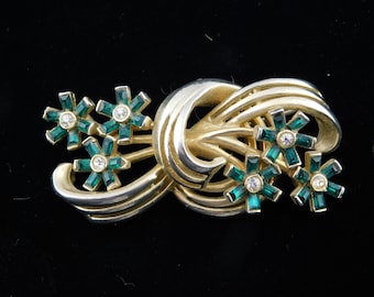 Signed "Corocraft Des Pat Pend" Floral Brooch with Green Baguettes!