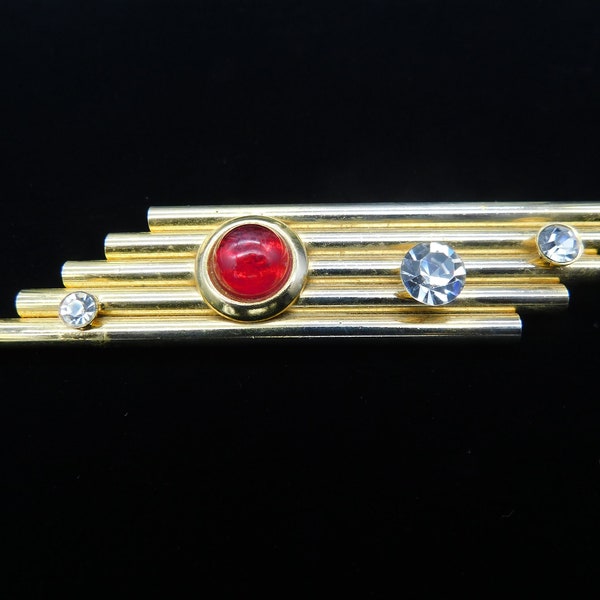 1970's Pan Style Pipes Brooch/Pin with Huge Ruby Red Cab and Crystals--Huge Almost 4 Inches!