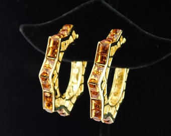 Signed Kenneth Lane Large Angled Hoop Clip Earrings with Topaz Princess Cut Rhinestones!