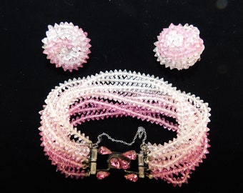 1950's ondertekende Eugene (Schultz) 9-strengs roze kristallen kralenarmband en oorbellen Demi!