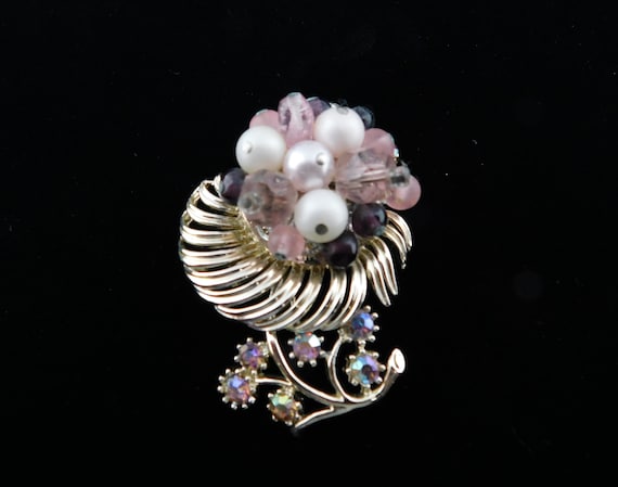 Late 60's Signed Coro Flower Beaded Brooch in Pin… - image 1