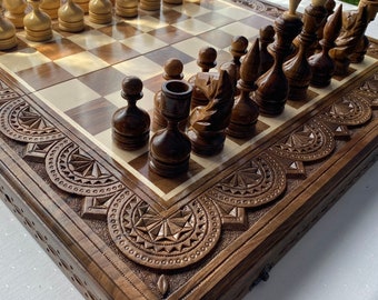 Wooden chess set, Large folding board, Walnut Chessboard and pieces set, Travel chess board, Chess board with storage