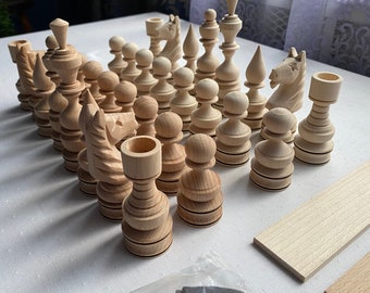 Wooden unlaquered unpainted 32+2 chess pieces, Chess pieces set Unfinished, Hand carved chess pieces
