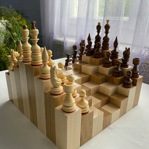 Unique 3D chess set, Modern chess board, Hand crafted chess set, Chess set with storage, Chess gift