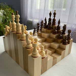 Unique 3D chess set, Modern chess board, Hand crafted chess set, Chess set with storage, Chess gift