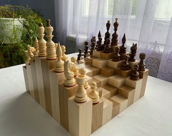 Unique 3D chess set, Modern chess board, Hand crafted chess set, Chess set with storage, Chess gift