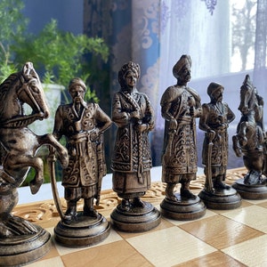 Wooden chess pieces in Folk Ukrainian style, Ukrainian Cossacks, Wood carving chess pieces, Carved chess pieces set, Gift for him