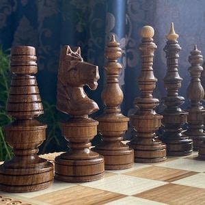 Wooden chess pieces, Chess set wood, Hand carved chess, Large Folding Board, Wooden chess set handmade, Maple and Walnut, Gift for him